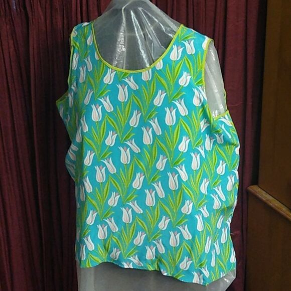Bob Mackie Wear Art Silk Blouse and Tank Top Set 2X Mandarin Collar Tulip Print - Picture 7 of 10